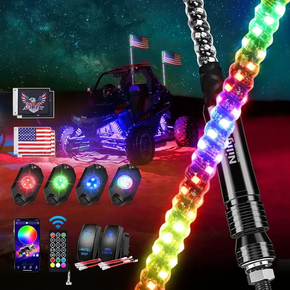 Nilight 2PCS 3FT RGB LED Whip Light and 4 PCS Rock Lights Combo Kit