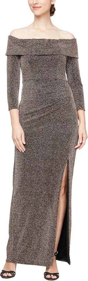 Alex Evenings Womens Long Foldover Off the Shoulder Gown, Formal Event, Mother of the Bride Dress