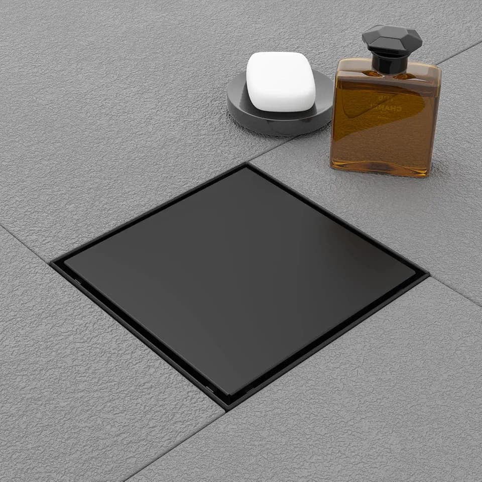 Square Shower Drain - 6 Inch Matte Black, with Tile Insert Grate