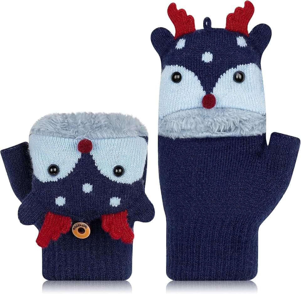 Kiiwah Kinder Halbfinger Handschuhe mit Flip Top, Fingerlose Handschuhe Fäustlinge für Junge Mädchen Warm Strickhandschuhe Plüschfutter Fingerlos Winterhandschuhe Kinder Thermohandschuhe