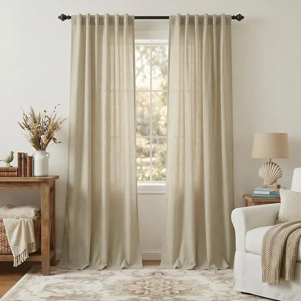 Burlywood Birch Flax Linen Curtains 84 Inch Length 2 Panels for Living Room Bedroom Beige Taupe Semi Sheer Light Filtering Drapes Rustic Farmhouse Back Tab Pleated Window Curtain 52 x 84 Inches Long
