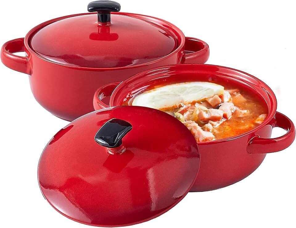 Bruntmor Red Color 20 Oz Set of 2 Soup Bowl | Bake & Serve Ceramic French Onion Soup Bowls With Handles and Lids | Oven Safe Soup Crocks For Kitchen, Cereal Bowl Set for Table Decoration