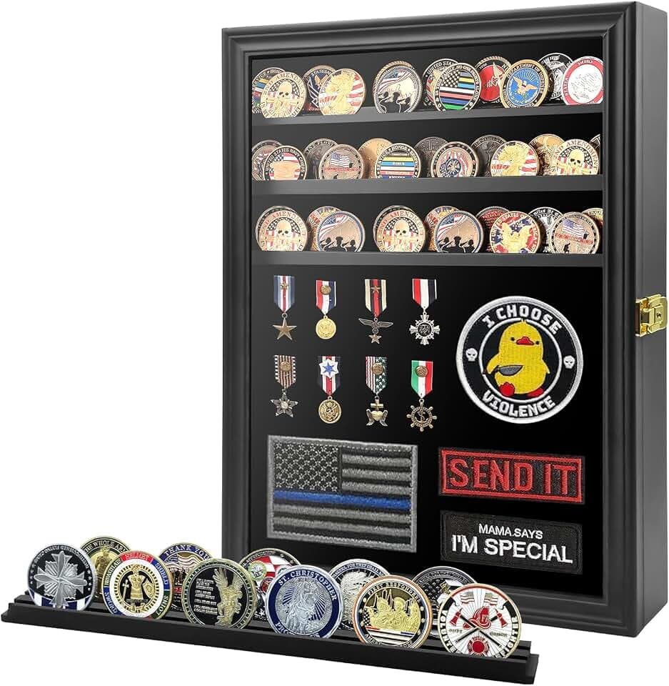 LIUYALO Medals Display Case Wall Frame for Collector, 7 Rows Large Military Challenge Coins Holder, Pins, Lockable Shadow Box with Removable Shelves Black-Large