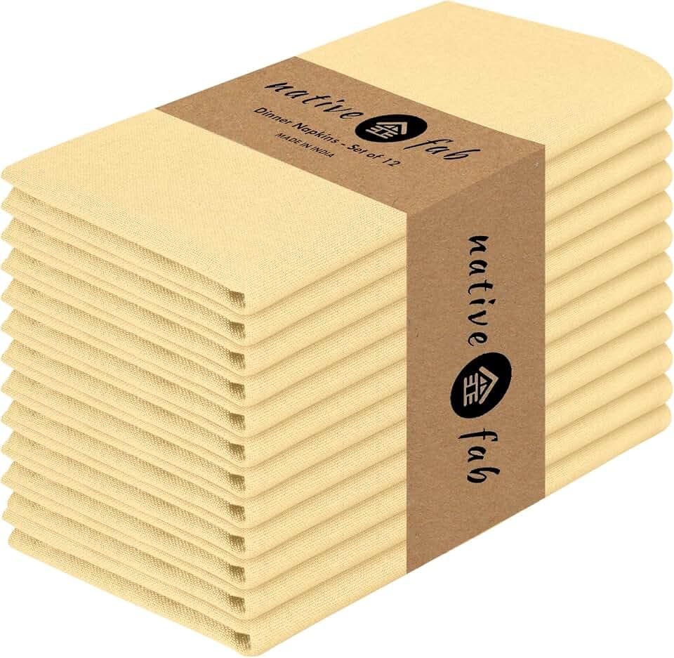 Native Fab Pale Yellow Easter Cloth Napkins Set of 12 Bulk - 100% Cotton Spring Dinner Napkin 17 x 17 - Soft, Absorbent, Washable Fabric Cloth for Garden Brunch, Tea Parties, Baby Showers, Weddings