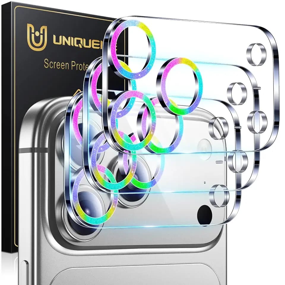 UniqueMe Compatible for 3 Pack iPhone 17 Pro Camera Lens Protector - [Drop Protection] [Case Friendly] 9H Tempered Glass Camera Cover Screen [Update New Version] - Glitter Colorful