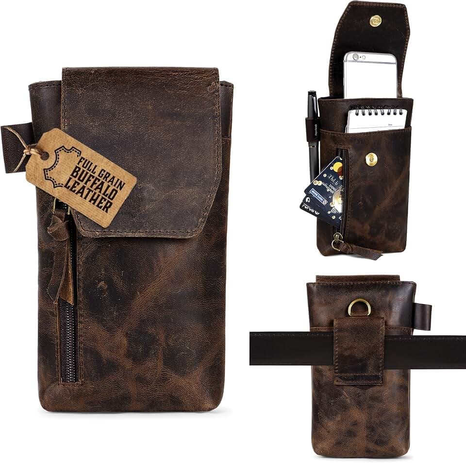 TRISKY Genuine Leather Phone Holster with Belt Clip - Magnetic Closure, ID Card Holder - Universal Case for iPhone, Samsung Galaxy, Google Pixel, 7”x3.5” - Brown