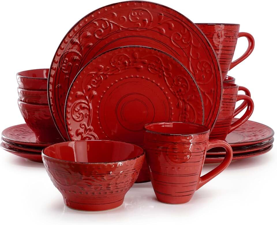 Elama Malibu Ocean Bloom 16-Piece Stoneware Embossed Pattern Reactive Glaze Red Dinnerware Set, Tableware, Serveware Set (Ocean Bloom Red)
