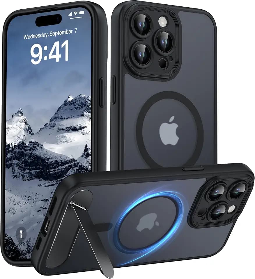 Magnetic Compatible with iPhone 15 Pro Max Case, [Built-in Kickstand][Full Camera Protection][Compatible with MagSafe][Anti-Fingerprint] Shockproof Phone Case for iPhone 15 Pro Max 6.7",Black