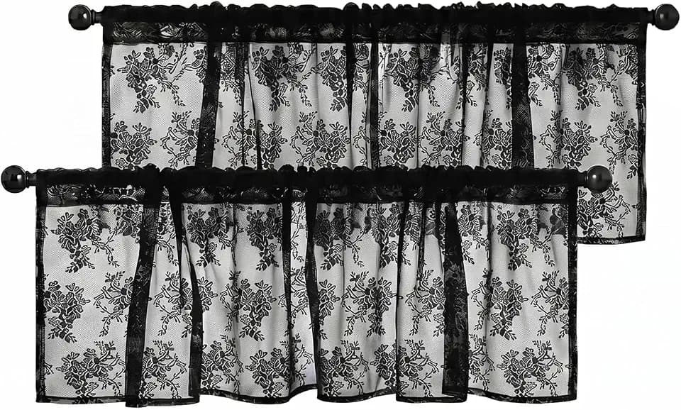 Emvency Valances for Windows, Lace, 2 Pack, 52x18 Inch, Floral Black