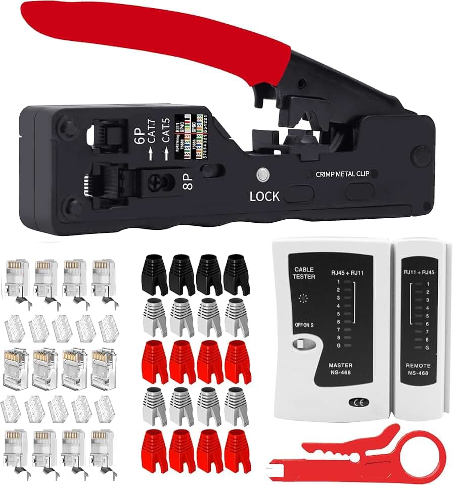 LEATBUY Network Tool Kit Set, Cable Tester Repair Tools Wire Stripping Cutter, Coax RJ45 CAT5 CAT6 Crimper Plug Crimping, Punch Down Wire Data Detector Stripper (RED)