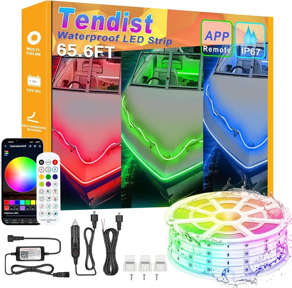 65.6FT Boat Lights LED Waterproof, Pontoon Boat Led Lights Strip, Marine Led Strip Light, Multicolor 12v RGB LED Strips Outdoor IP67, Night Fishing Lighting with APP & Remote for Bass Jon, RV, Kayak