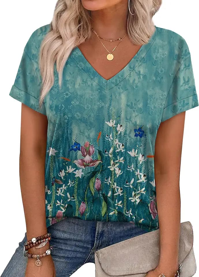 WEESO Womens T Shirts Short Sleeve Summer Tops Cute V Neck Casual Blouses