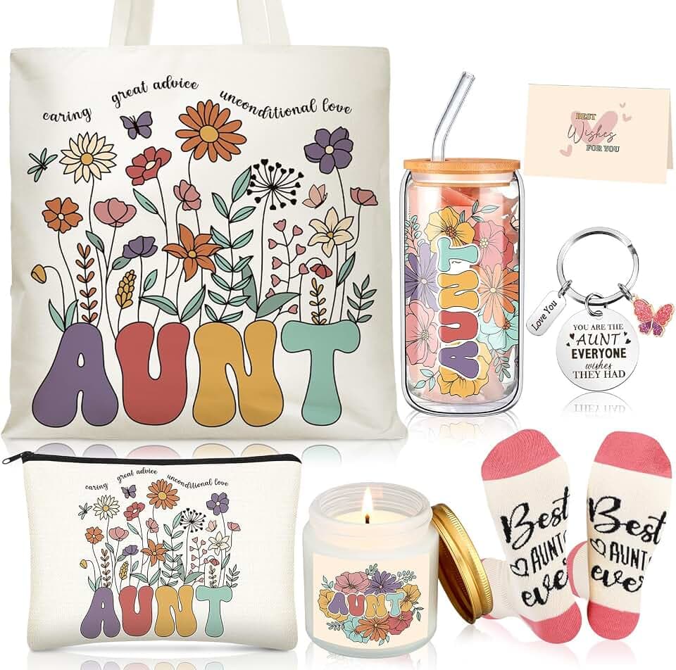 Funnymoom 6 Pcs Auntie Gifts for Women, Best Aunt Brithday Gifts from Niece Nephew with 17 oz Glass Cup Canvas Tote Bag for Auntie Birthday Wedding