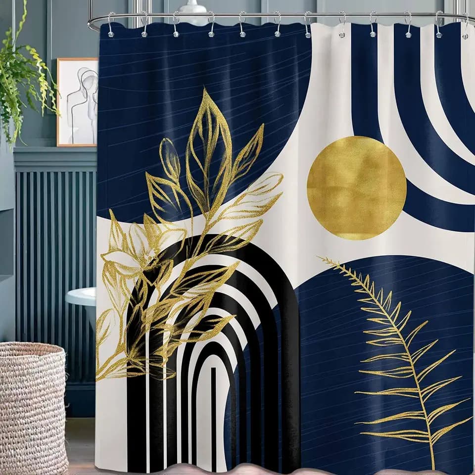 Navy Blue and Gold Extra Long Shower Curtain, Tall 72X84 in, Mid Century