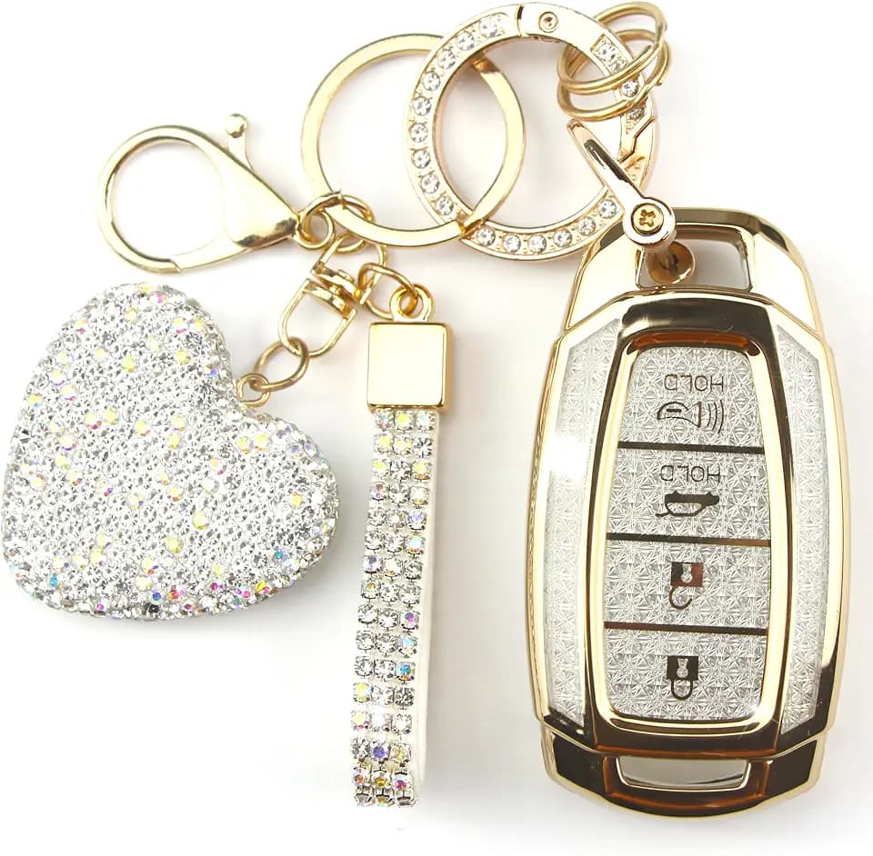 Key Fob Cover with Diamond Keychain Car Key Holder Compatible with Hyundai Kona Santa Fe Palisade Elantra GT Veloster Smart Remote Protector for Women, 4 Buttons (White-Heart)
