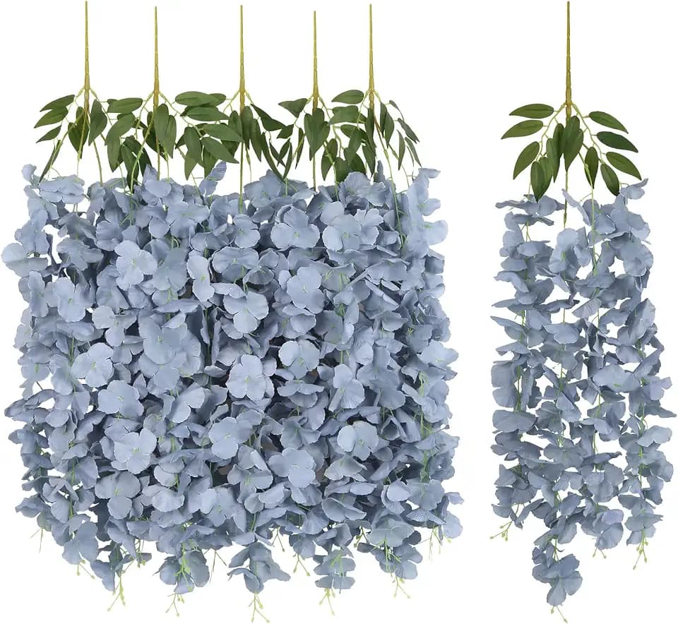 Dusty Blue Wisteria Hanging Flowers 5Pcs Silk Wisteria Garland for Ceiling 33" Realistic Artificial Fake Flower Vines for Wedding Ceremony Party Backdrop Wall Outdoor Home Decorations (Dusty Blue)