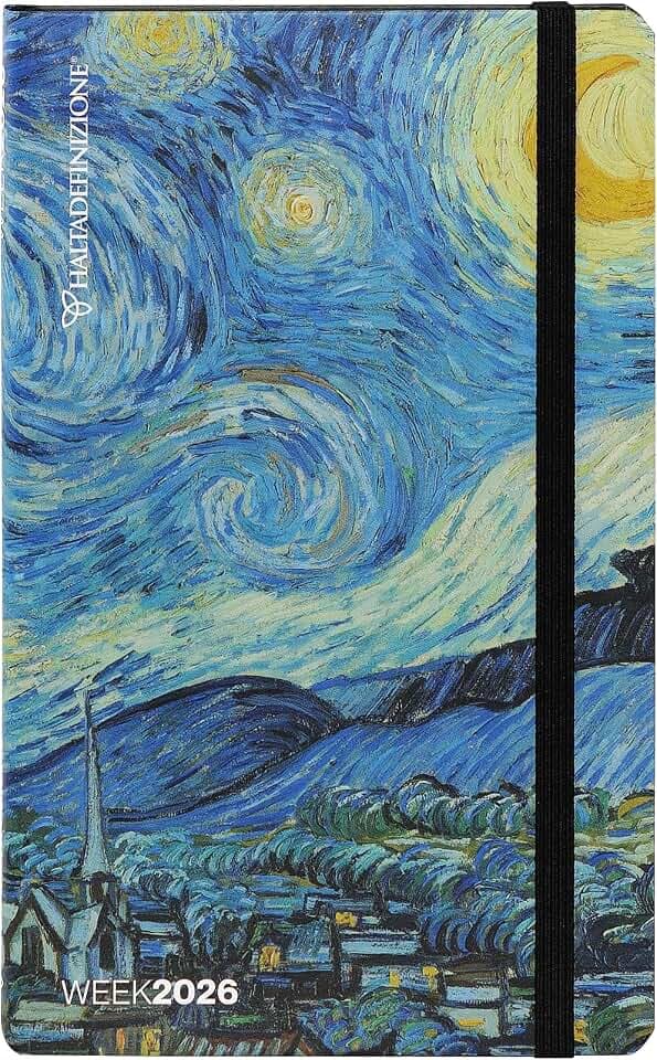 HALTADEFINIZIONE - Großer Wochenplaner 12 Monate, Kalender 2026 mit Einband bedruckt mit einem Kunstwerk von Van Gogh, Gummibandverschluss, doppeltes Lesezeichen und 192 Seiten, 13 x 21 cm, Nacht