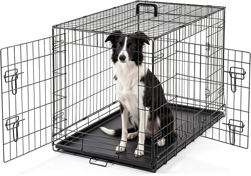 DUMOS Dog Crate, 36 Inch Medium Double Door Dog Cage with Plastic Leak-Proof Pan Tray, Folding Metal Wire Pet Kennel for Indoor, Outdoor, Travel, Black