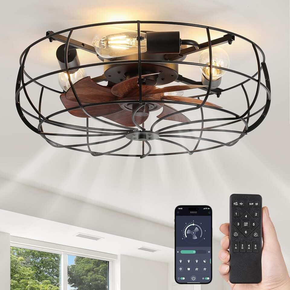 LEDIARY 20" Caged Farmhouse Ceiling Fans with Lights and Remote/App, Black