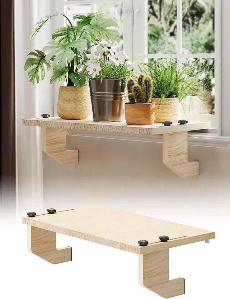NiHome Window Sill Extender Plant Shelf, No Drill Wood Adjustable 21.2x11.8