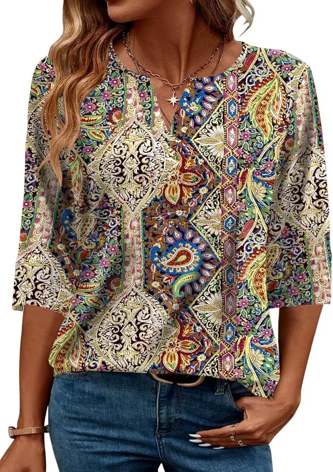 AKEWEI Women's V Neck 3/4 Sleeve T Shirts Summer Top Dressy Casual Basic Tees Shirt Tunic Blouses