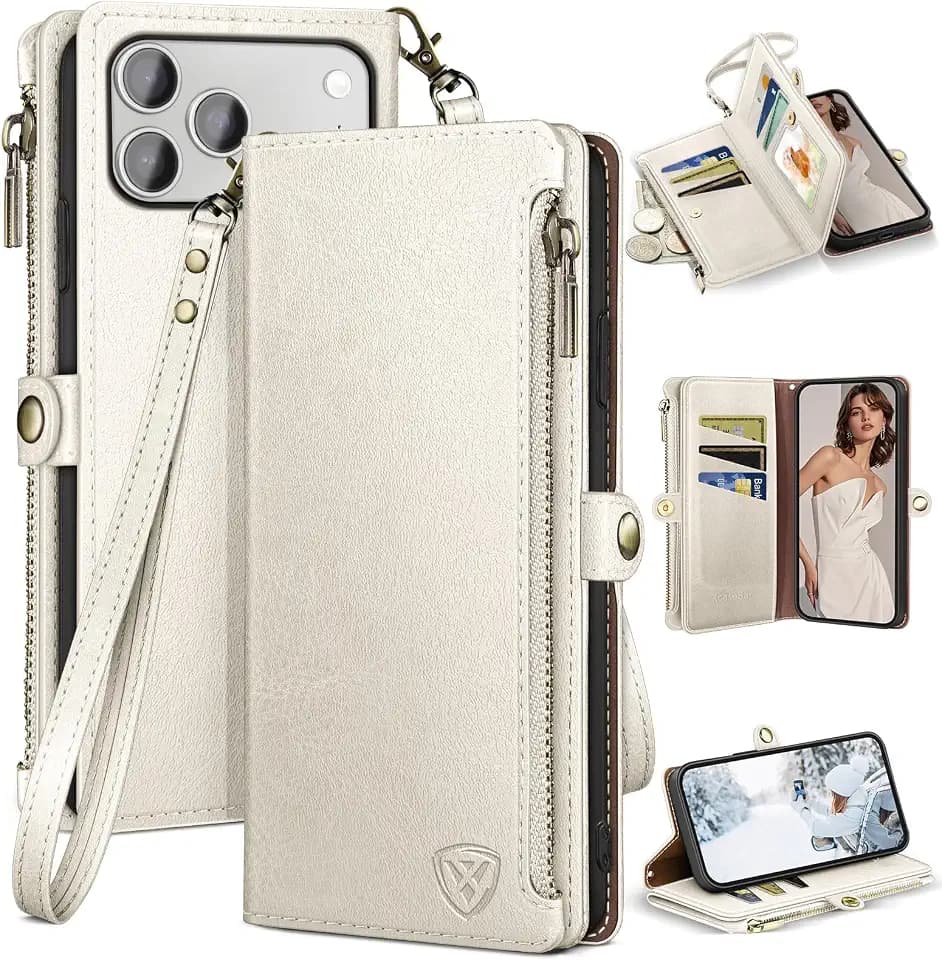 XcaseBar compatible with iPhone 17 Pro Max 6.9" Wallet case with Zipper Credit Card Holder【RFID Blocking】,Flip Folio Book PU Leather Phone case Shockproof Cover Women Men for Apple 17ProMax case White