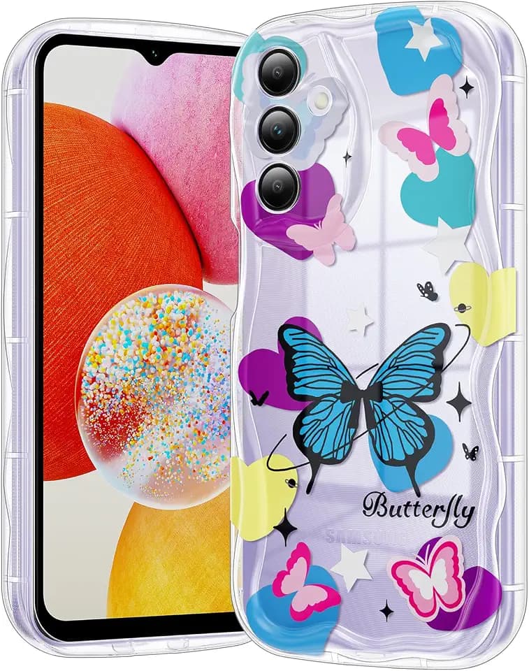 Compatible for Samsung Galaxy A14 5G Case, Pretty Butterfly Print Three-Dimensional Wave Clear Case for Girls Women, Soft Full Package Anti-Fall Cover for Galaxy A14 5G, Color Butterfly