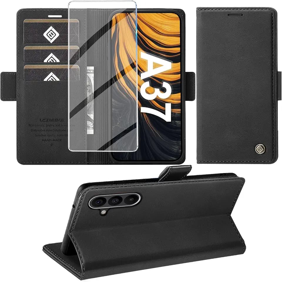 Giyer Handyhülle für Samsung Galaxy A37 5G Hülle mit Schutzfolie, Schutzhülle PU Leder Wallet Flip Case Standfunktion Kartenfach Stoßfest Klapphülle für Samsung A37 5G Cover Tasche (Schwarz)