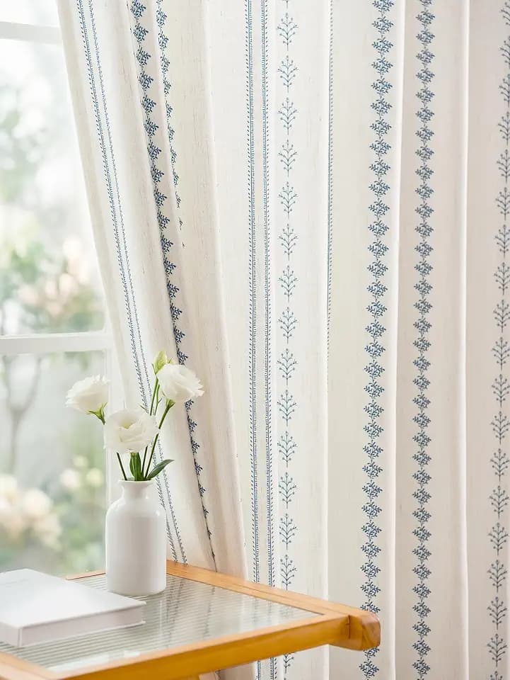 THREE GIRLS Navy Blue Floral Pinch Pleated Curtains 96 Inches Long, Block Print Vintage Farmhouse Linen Blend Light Filtering Drapes for Bedroom Living Room, Set of 2 Panels
