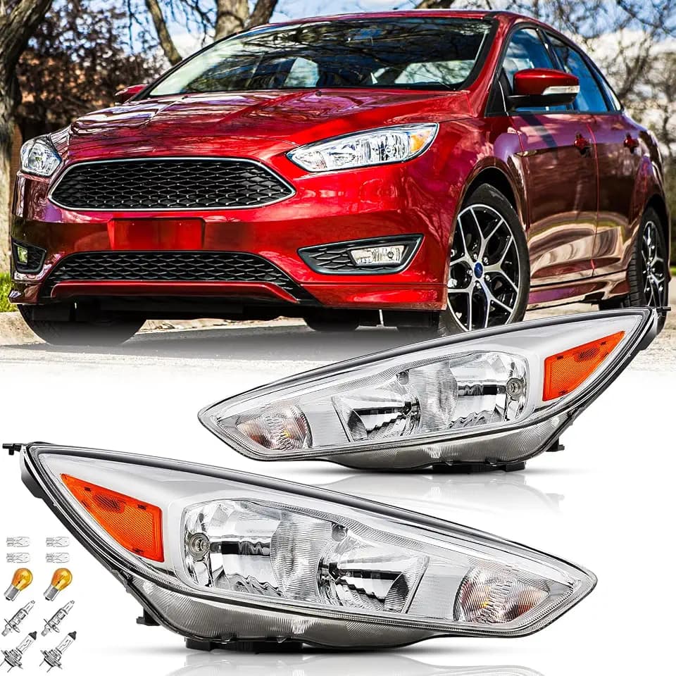 Headlights Assembly Pair with Bulbs for 2015 2016 2017 2018 Ford Focus S SE ST Halogen Head Lamps Replacement Driver and Passenger Side,Chrome Housing Amber Reflector