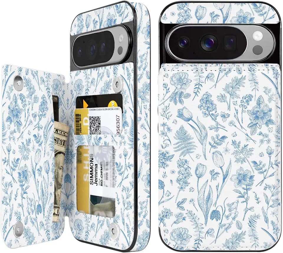 uCOLOR for Google Pixel 10/10 Pro Case with Card Holder Blue Toile Flowers