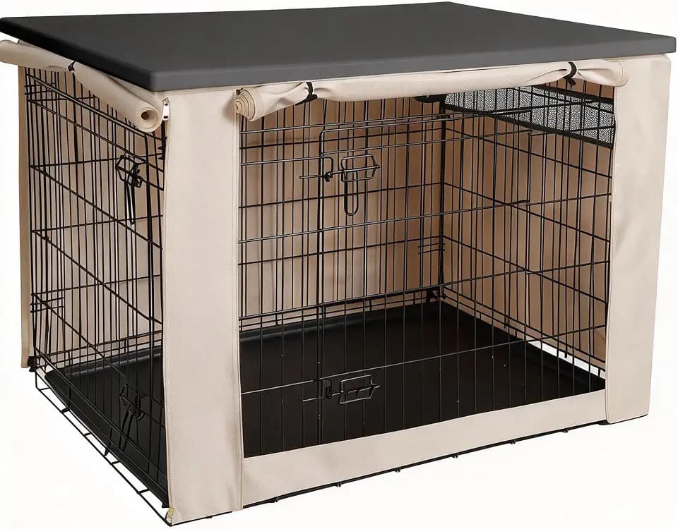 HiCaptain Breathable Dog Crate Cover with Plastic Crate Topper 42 Inch, Durable Heavy Duty Kennel Cover, Dual Zippered Panels, Windproof Waterproof UV-Resistant (Coffee Topper, Beige Cover)