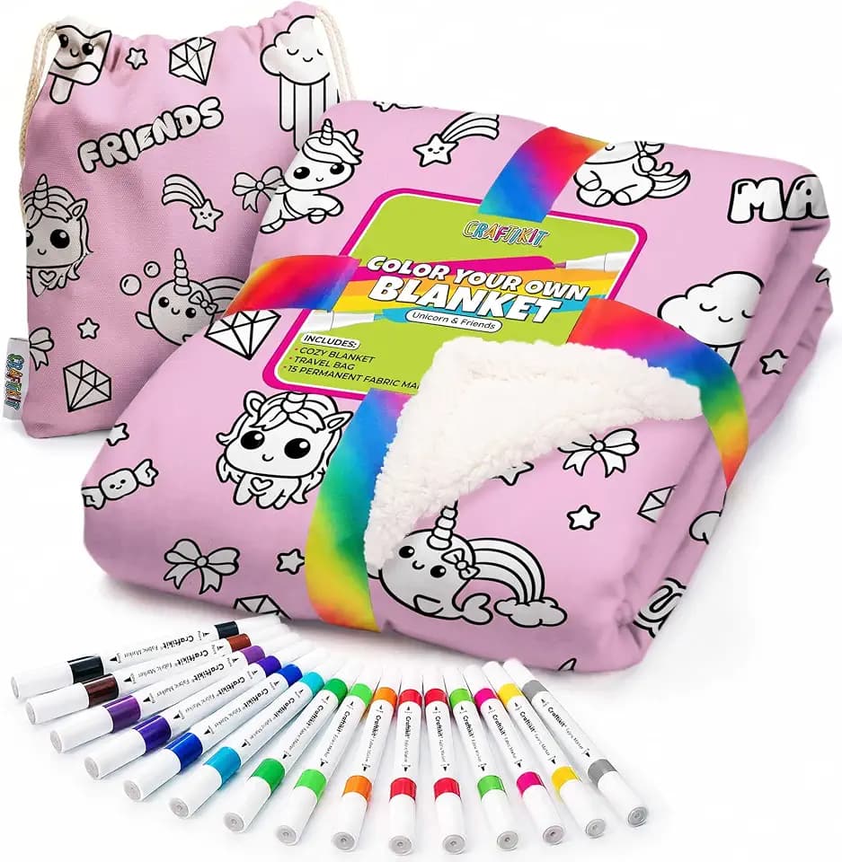Craftikit Unicorn Coloring Blanket for Kids & Adults - 15 Markers