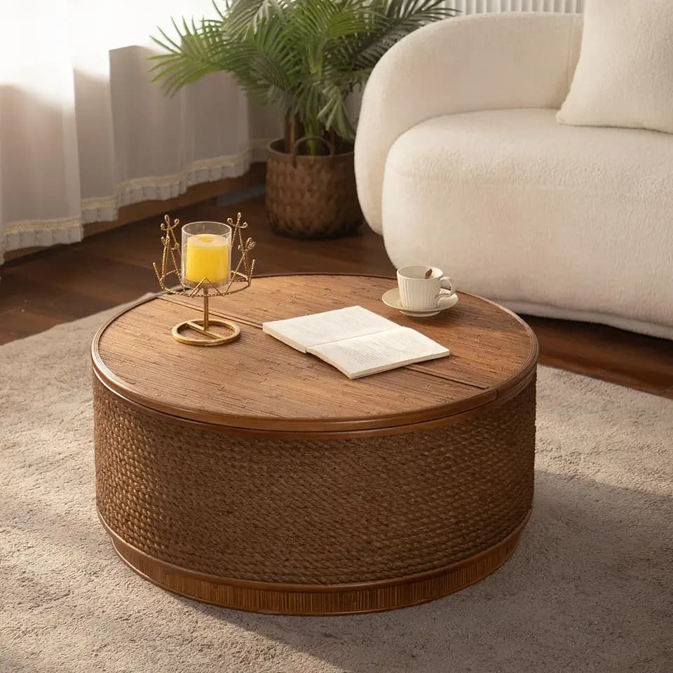 KEIKI 31.5" Round Rattan Coffee Table with Lift-Off Lid Storage, Hand-Woven Hemp Rope Trim Coffee Tables, Boho Center Table for Living Room