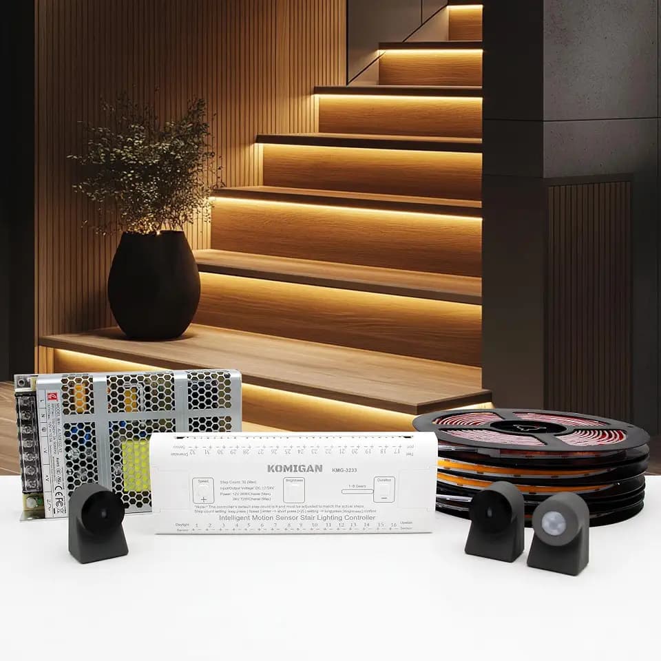 KMG-3233 Motion-Activated LED Stair Lighting Kit, 48" Long Cuttable Strip Light for Indoor LED Stair Lights (Warm White 3000K, 12 Steps)