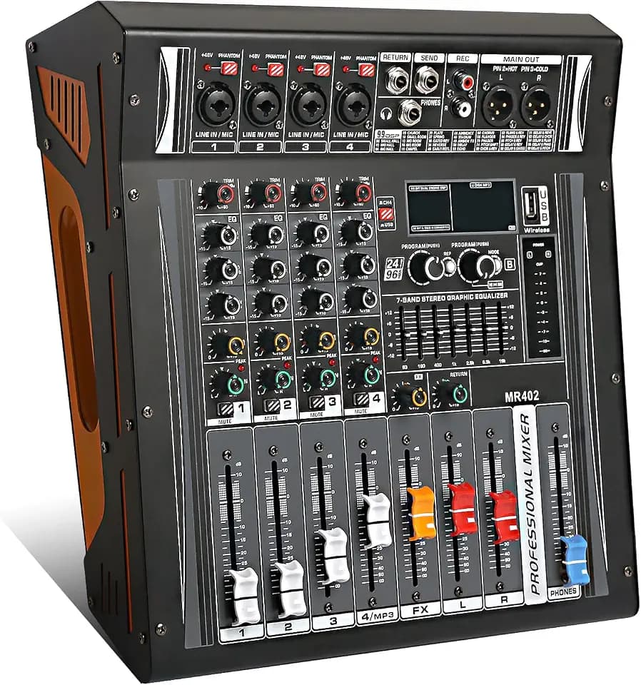 Verstärker Mischpult 4 Kanal Stereo 4Ohm 2 * 300W Powermixer mit Verstärker und 99 DSP Effektoptionen
