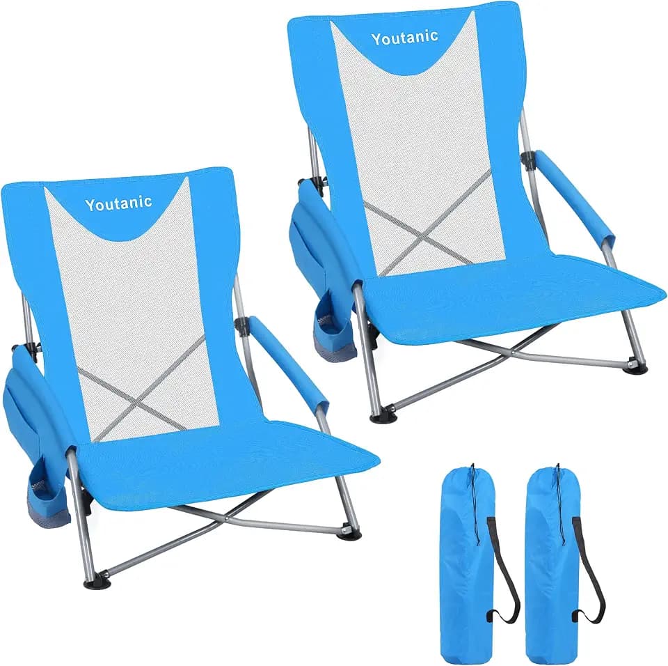 Youtanic Beach Chairs 2 Packs, Folding Portable Chair for Adults, Standard Back Extra Wide Seat with Cup Holder & Carry Bag, Lightweight Camp Chair for Outdoor, Beach, Sand, up to 350lbs, Blue
