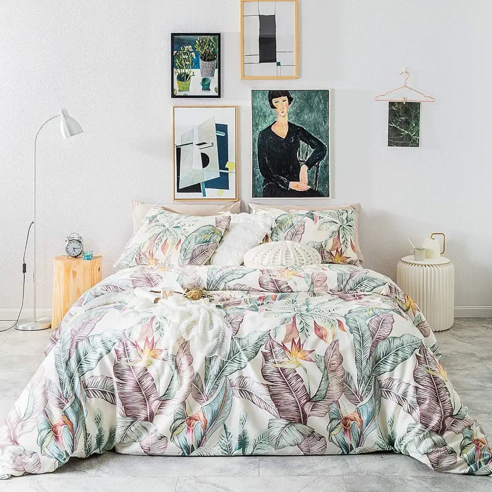 SUSYBAO Tropical Botanical Duvet Cover King 100% Egyptian Cotton 3 Pcs Set 1 Banana Leaves Patterned Duvet Cover with Zipper Ties 2 Pillowcases Luxury Soft Hawaiian Colorful Floral Bedding Set