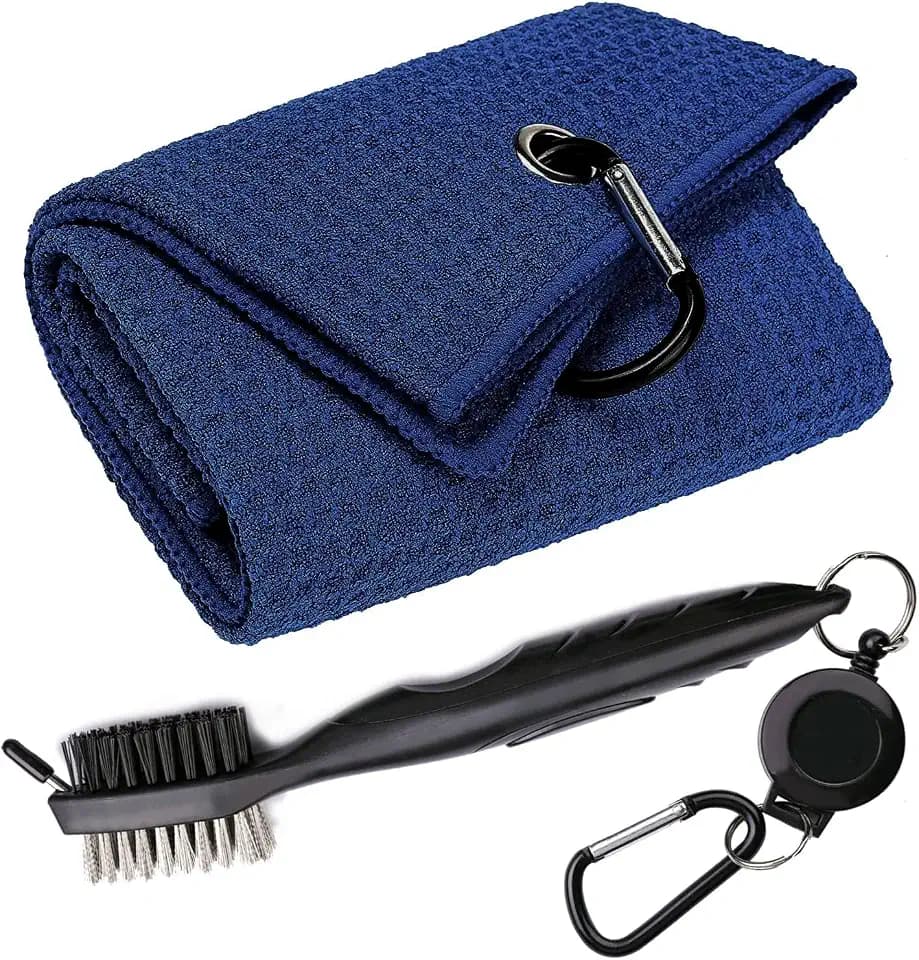 Golf Towel & Groove Cleaner Brush Kit, Tri-Fold Microfiber Waffle