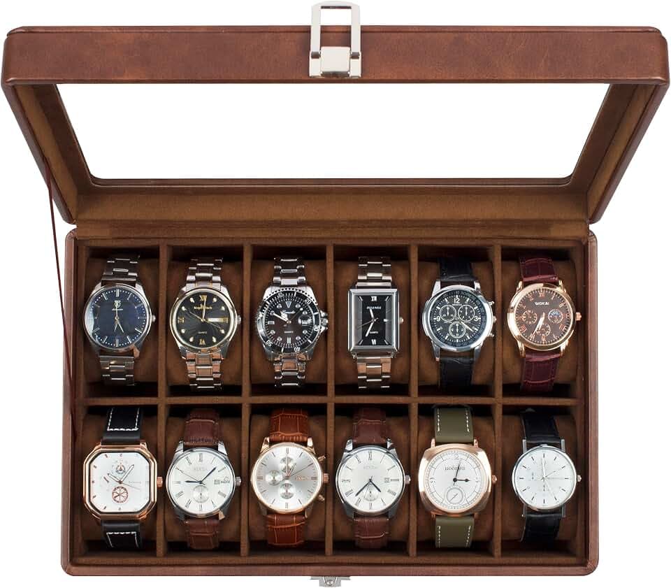 Uhrenbox mit 12 Fächern, Uhrenkasten mit Glasdeckel, Watch Box mit herausnehmbarer Unterlage, Metallverschluss, Geschenk, Braunes Kunstleder, Braunes Innenfutter