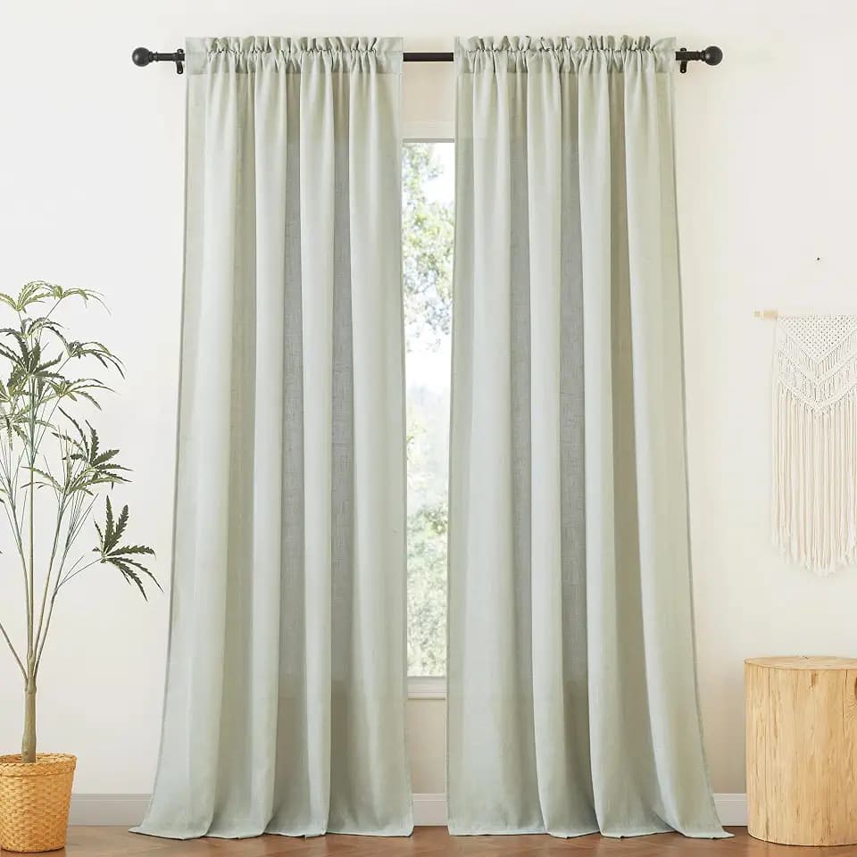 RYB HOME Linen Semi Sheer Curtains for Living Room, Light Filtering Half Privacy Window Curtains & Drapes for Bedroom, 2 Panels, Sage Green, 70" W x 84" L