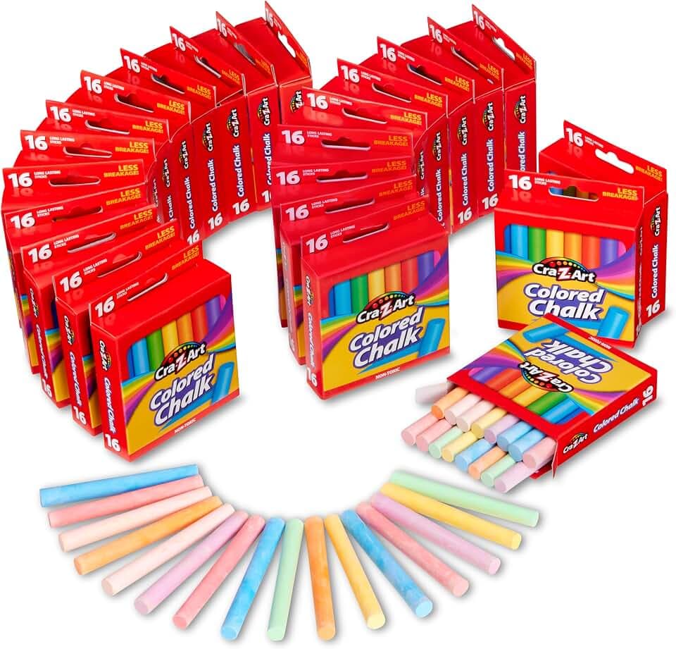 Cra-Z-Art Colored Chalk Sticks Bulk Pack, 16 Count (Pack of 24), 384 Total Sticks, Non-Toxic Sidewalk & Chalkboard Chalk for Kids, Classroom Art Supplies