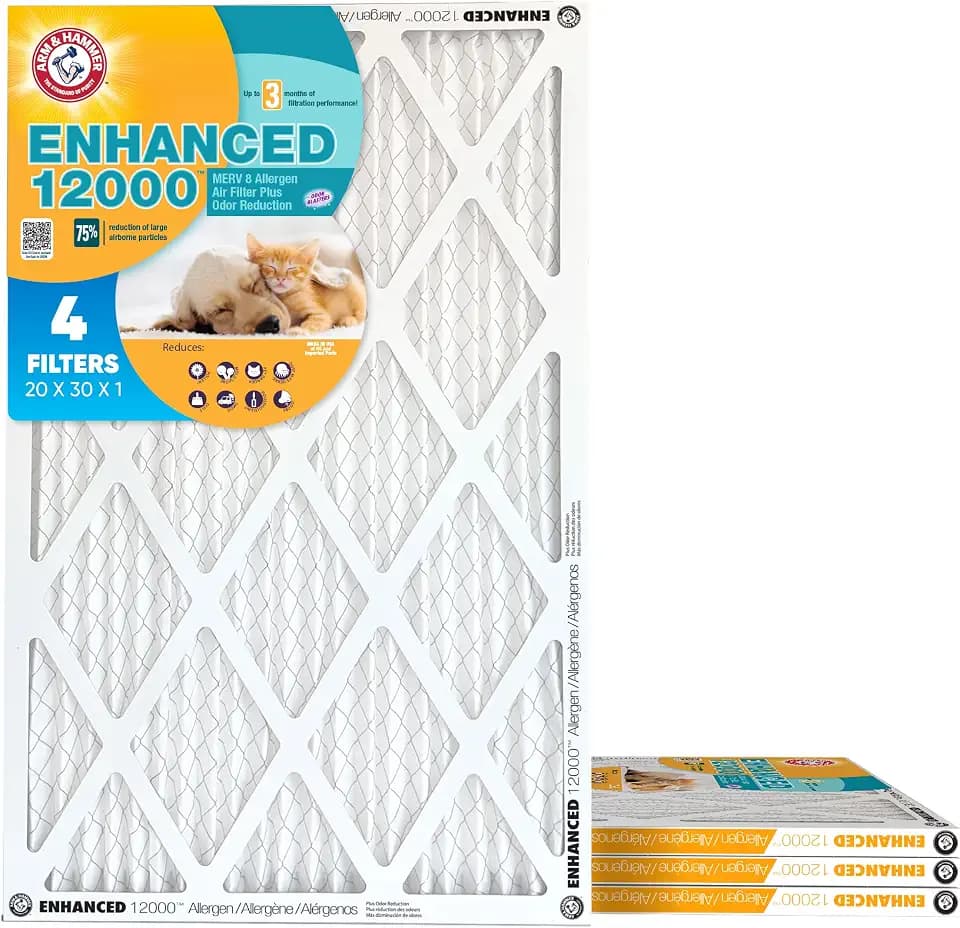 Arm & Hammer 20x30x1 Air Filter (4-Pack) | Merv 8 | Enhanced Allergen | Pet Fresh Odor Reduction | Contains Pure Baking Soda | HVAC AC Furnace | Made in USA | Actual Size 19.75" x 29.75" x 0.75"