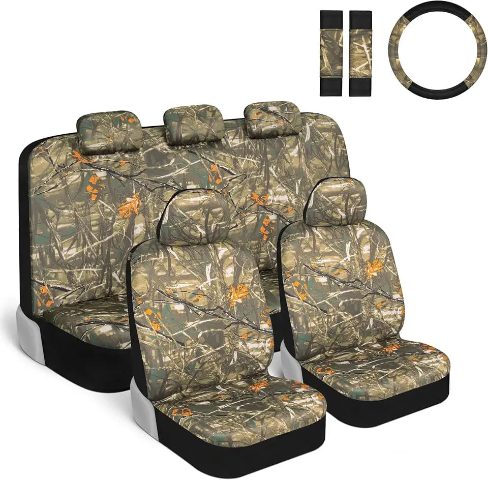 BDK Hunter Camo Car Seat Covers Full Set with Camo Steering Wheel Cover and Seat Belt Cover Pad – Forest Camouflage Pattern, Automotive Front Seat & Bench Back Seat Cover for Cars Trucks SUV