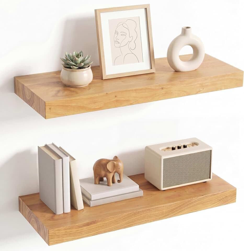 Solid Wood Floating Shelves 22.5 Inch, Flat Edge, Heavy-Duty, Elm, 2pcs