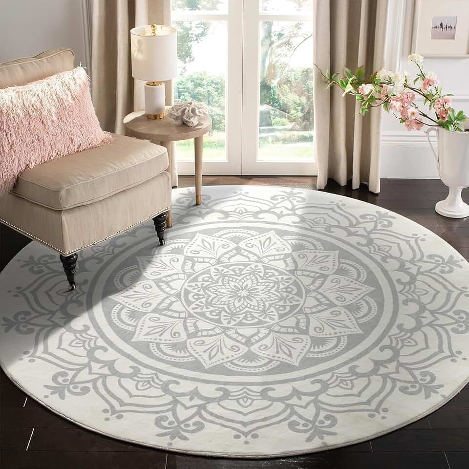 Carvapet Teppich Rund 150cm Weich und Flauschig Teppich Gegend Kreis rutschfest Waschbar Böhmisches Mandala Bodenteppich Wohnzimmer Schlafzimmer(Grau Mandala)