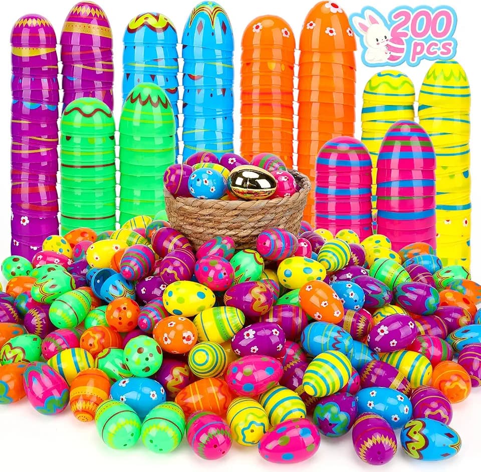 200 Easter Printed Plastic Eggs Basket Stuffer for Easter Egg Hunt Event, Easter Basket Stuffers, Party Favor Goodie Bags, Scene and Decoration, School Parties Prizes, School Classroom Rewards
