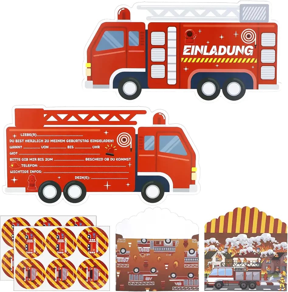 12 Stück Feuerwehr Einladungskarten, Feuerwehrauto Kindergeburtstag