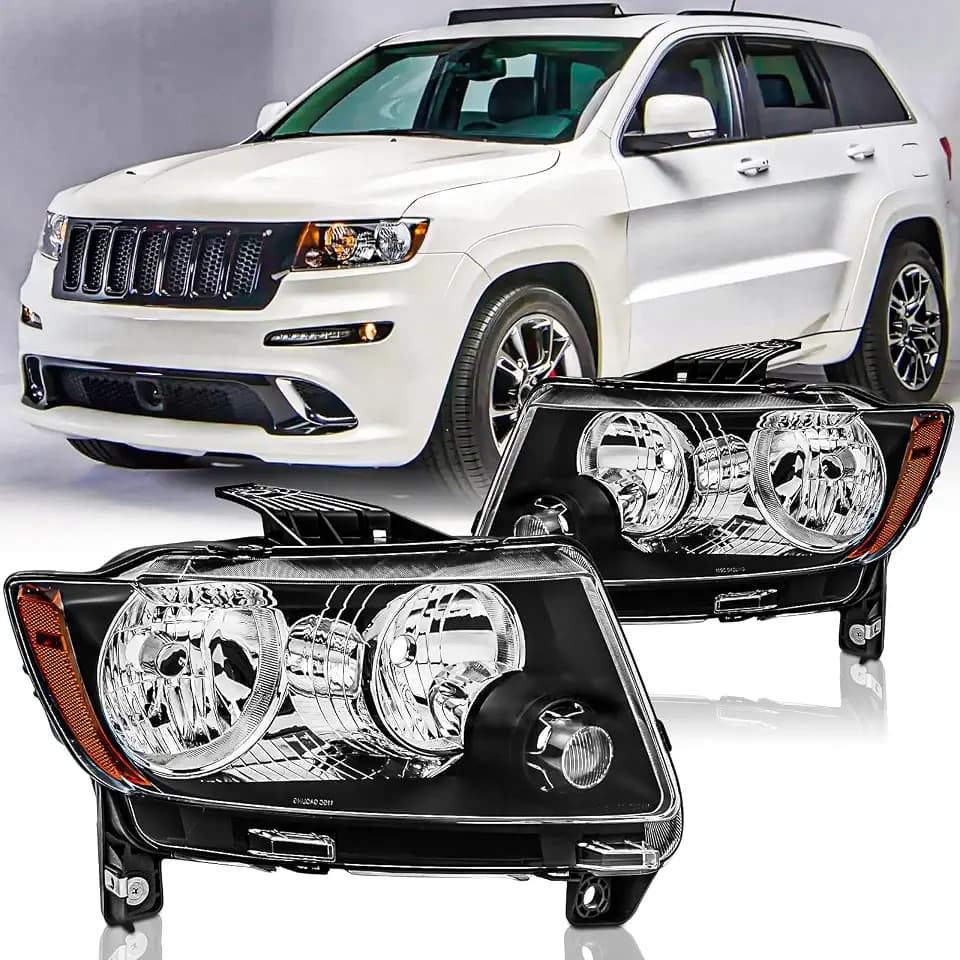 Headlights Assembly Pair for 2011 2012 2013 Jeep Grand Cherokee / 2011-2017 Jeep Compass Halogen Head Lamps Replacement Driver and Passenger Side,Black Housing Amber Reflector