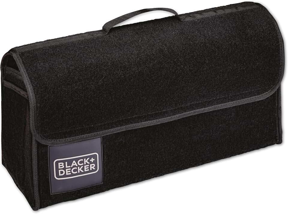 BLACK+DECKER Kofferraum Organizer - Auto Organizer 55 x 15 x 23 cm - Auto Zubehör Innenraum mit 1 Großem Fach und 2 Einstecktaschen - Mit Klettverschluss - Schwarz